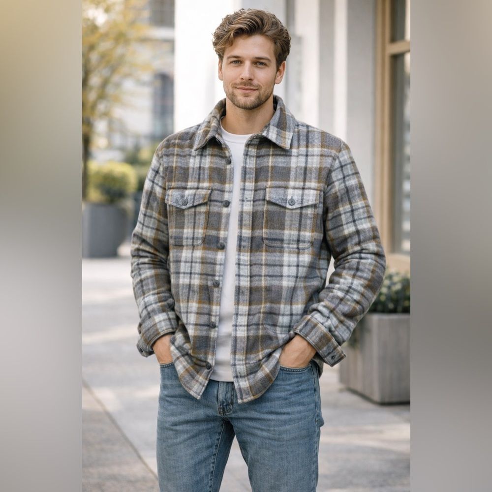 Express Thick Flannel Plaid Brown,Gray Long Sleeve Button Down Shirt Sz Small